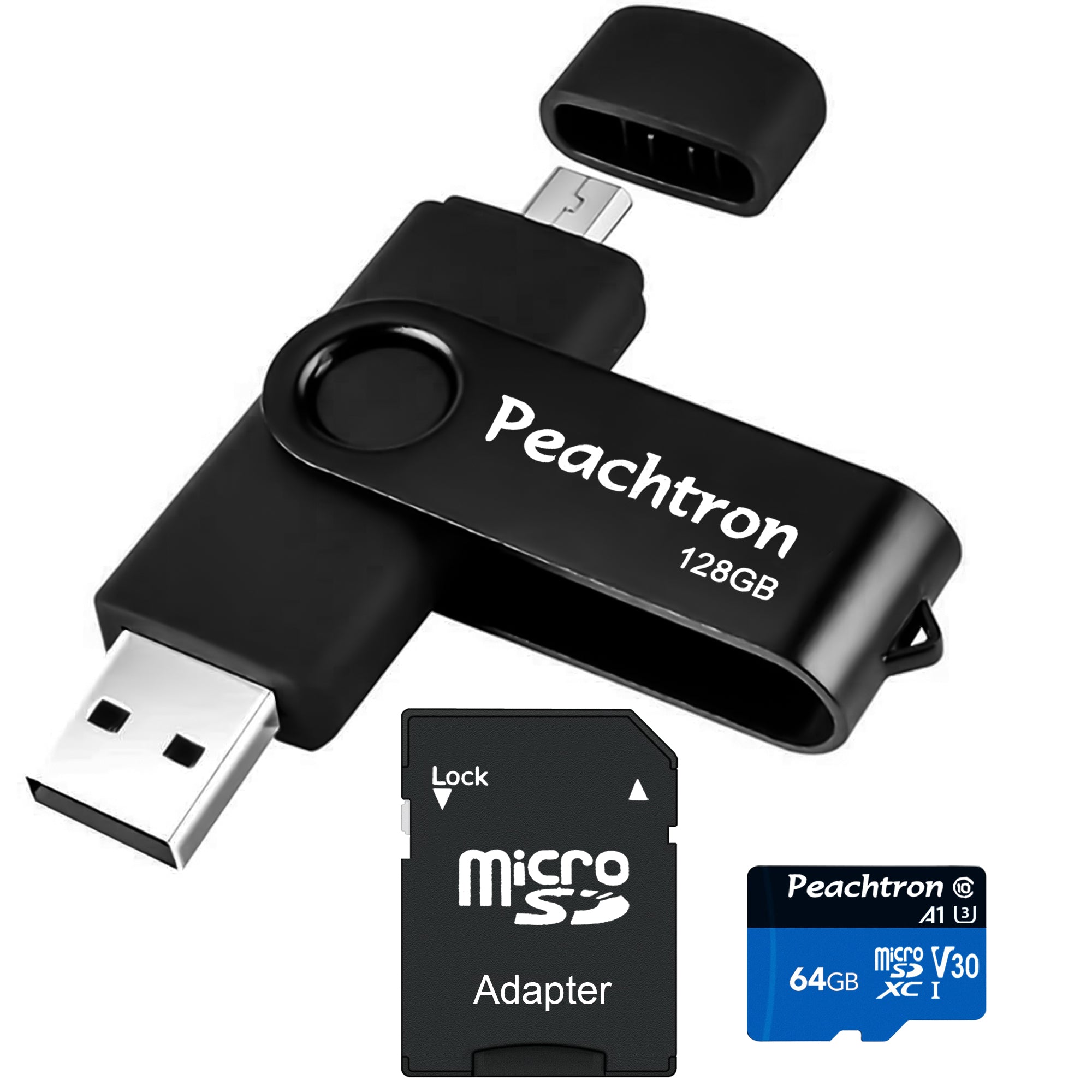 PEACHTRON 2-IN-1 OTG 128GB MICRO USB DRIVE AND 64GB SD / TF CARD