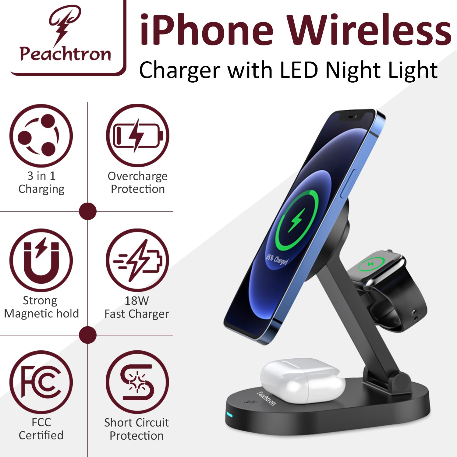 PEACHTRON Magsafe Charger, 15W Fast Wireless Charging Station, 3-in-1