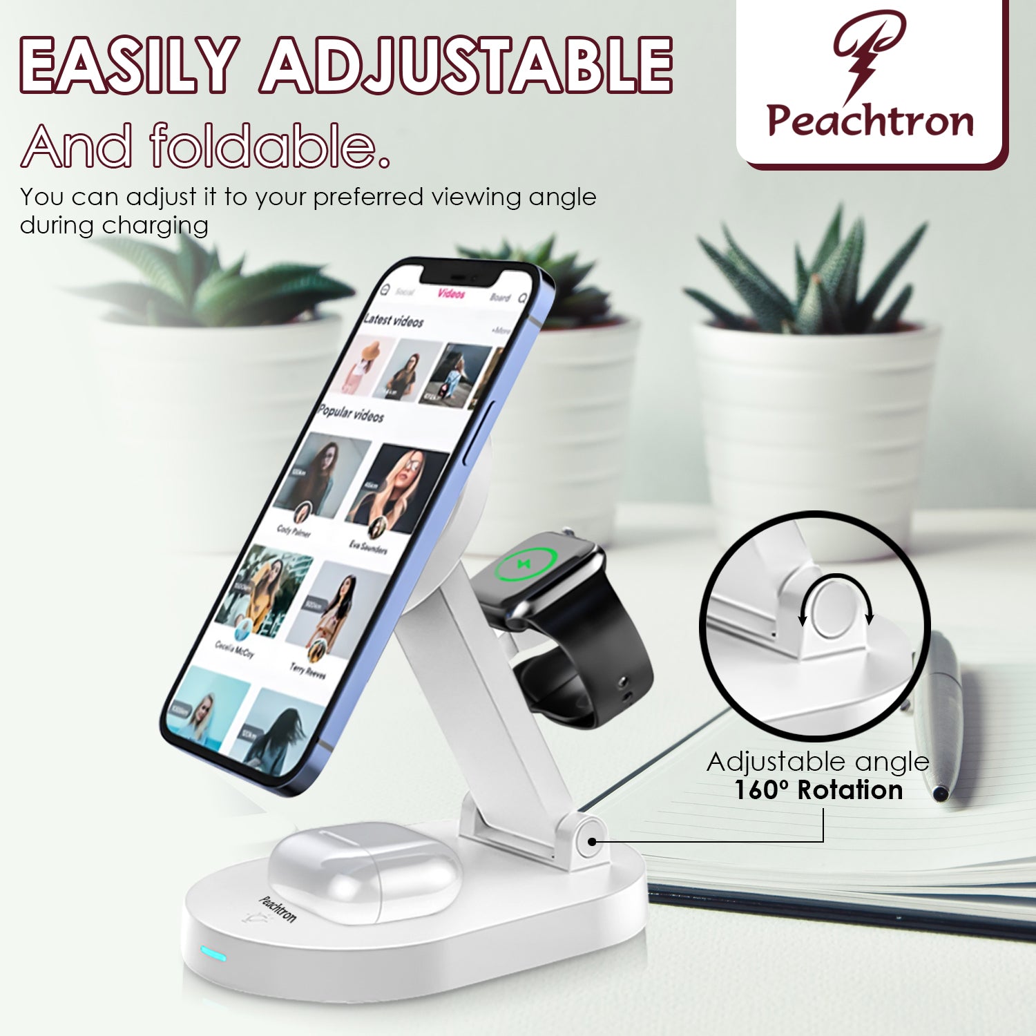 PEACHTRON Magsafe Charger, 15W Fast Wireless Charging Station, 3-in-1